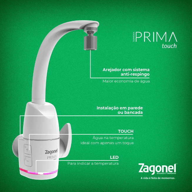 torneira modelo prima touch zagonel branca com especificacoes