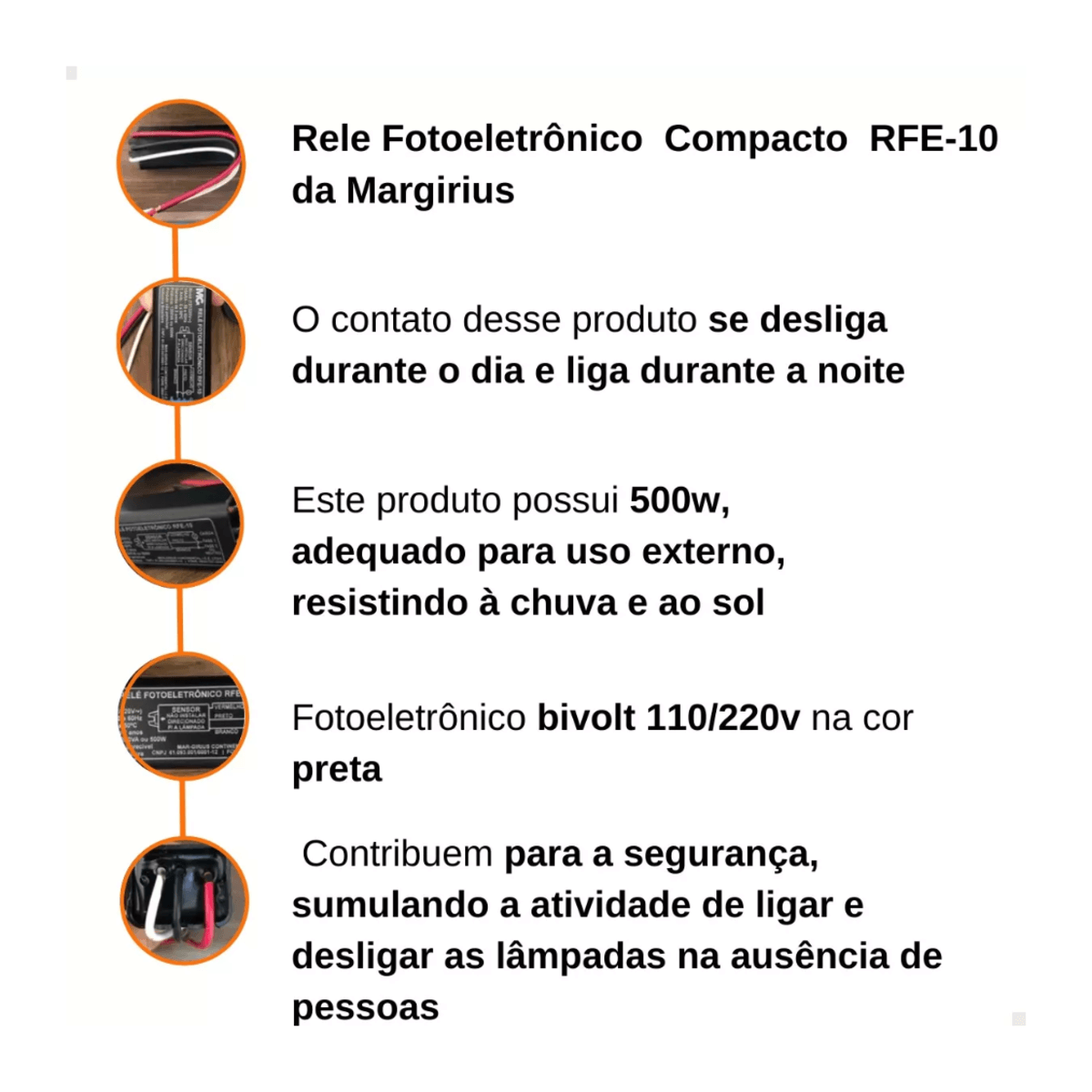 rele fotoeletronico compacto 500w bivolt rfe 10 margirius imagem de especificacoes