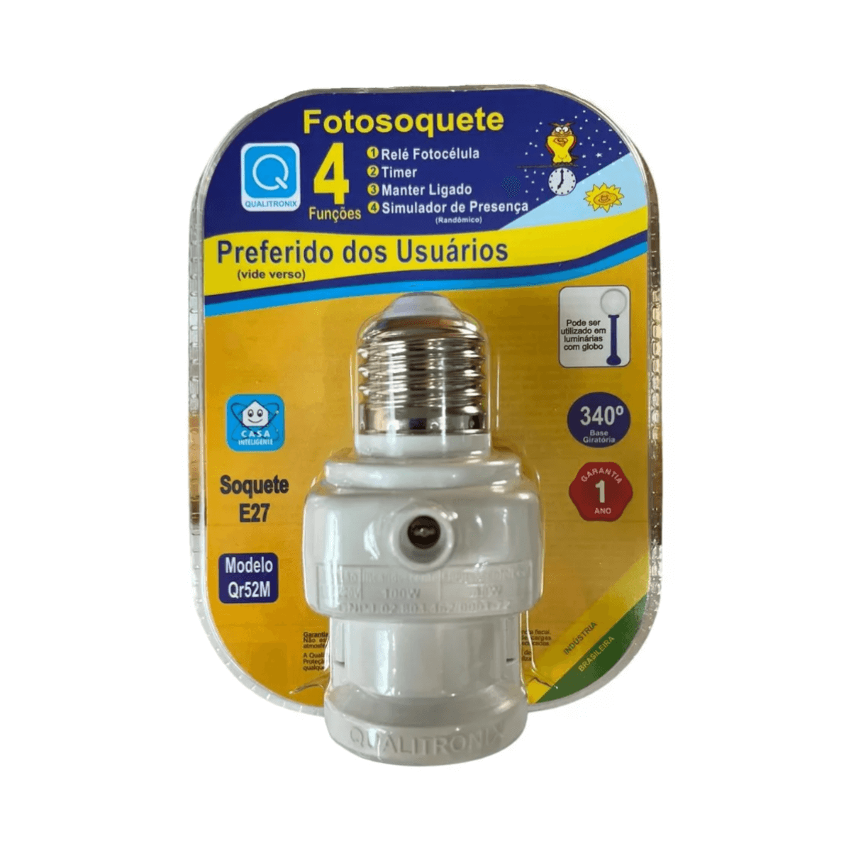fotosoquete fotocelula rele iluminacao soquete e27 qualitronix qr52m branco imagem do produto embalado