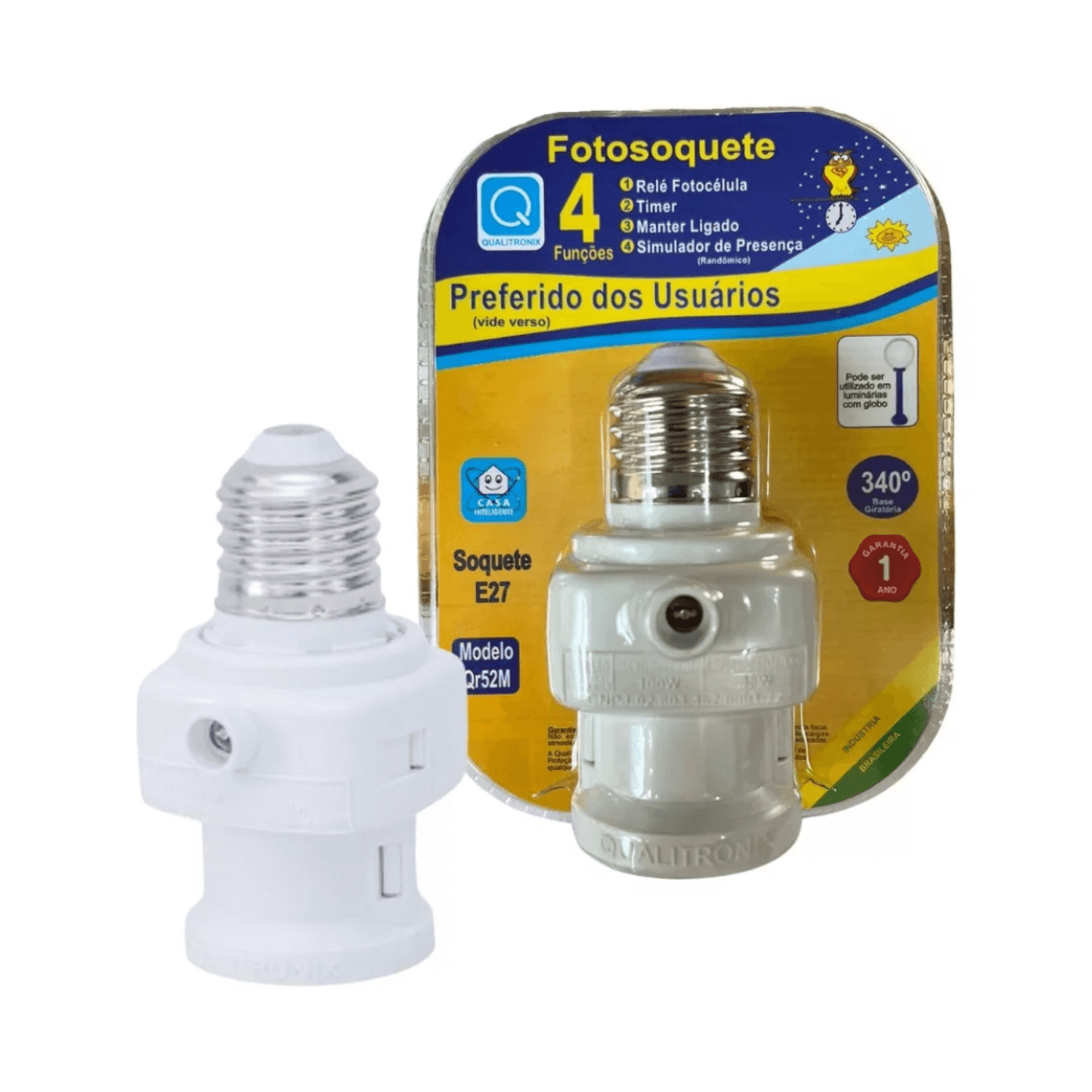 fotosoquete fotocelula rele iluminacao soquete e27 qualitronix qr52m branco imagem do produto junto embalagem