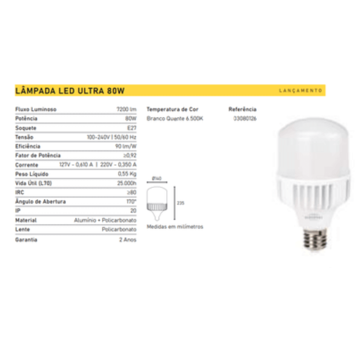 lampada led blumenau industrial t140 80w e27 bivolt 6500k luz branca especificacoes 1